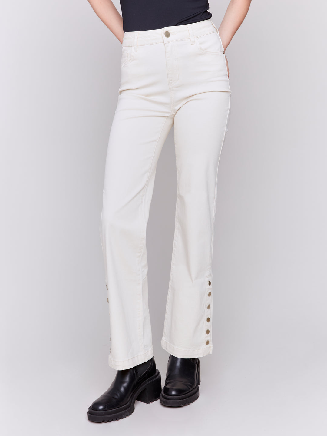 SIDE BUTTON FLARE LEG PANTS - NATURAL