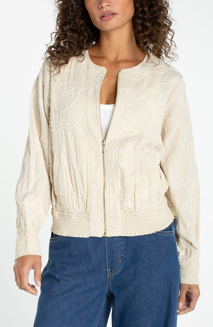 LONG SLEEVE COLLARLESS JACKET W/SMOCKING - PALE SAND
