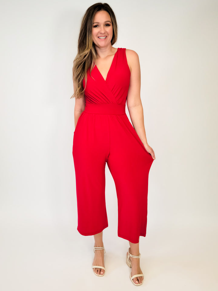 FAUX WRAP CROPPED JUMPSUIT - RED