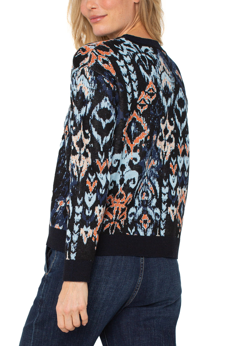 LONG SLEEVE DROPPED SHOULDER JACQUARD SWEATER - BLUE MULTI IKAT
