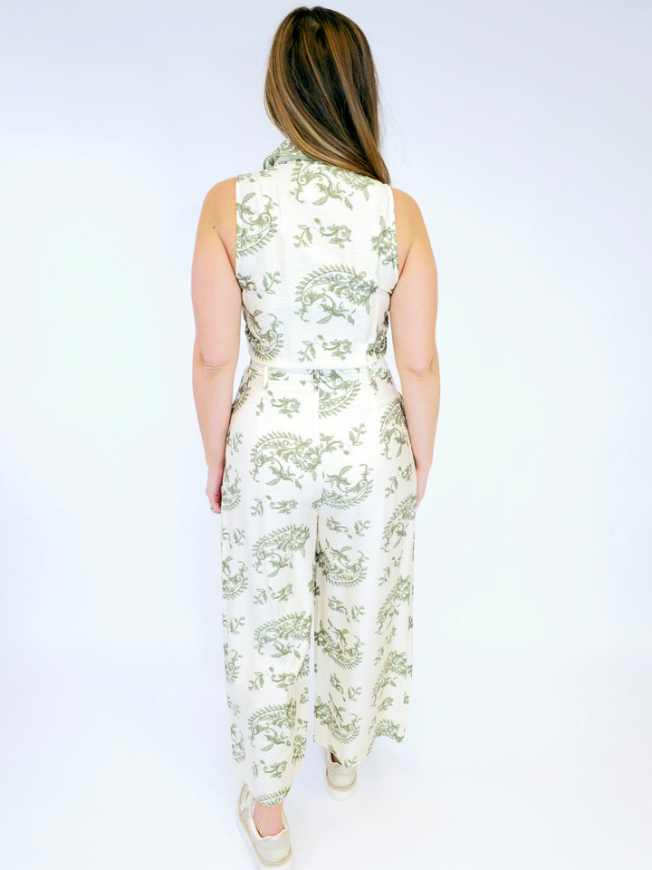 TWO TONE PAISLEY PRINT JUMPSUIT - GREEN