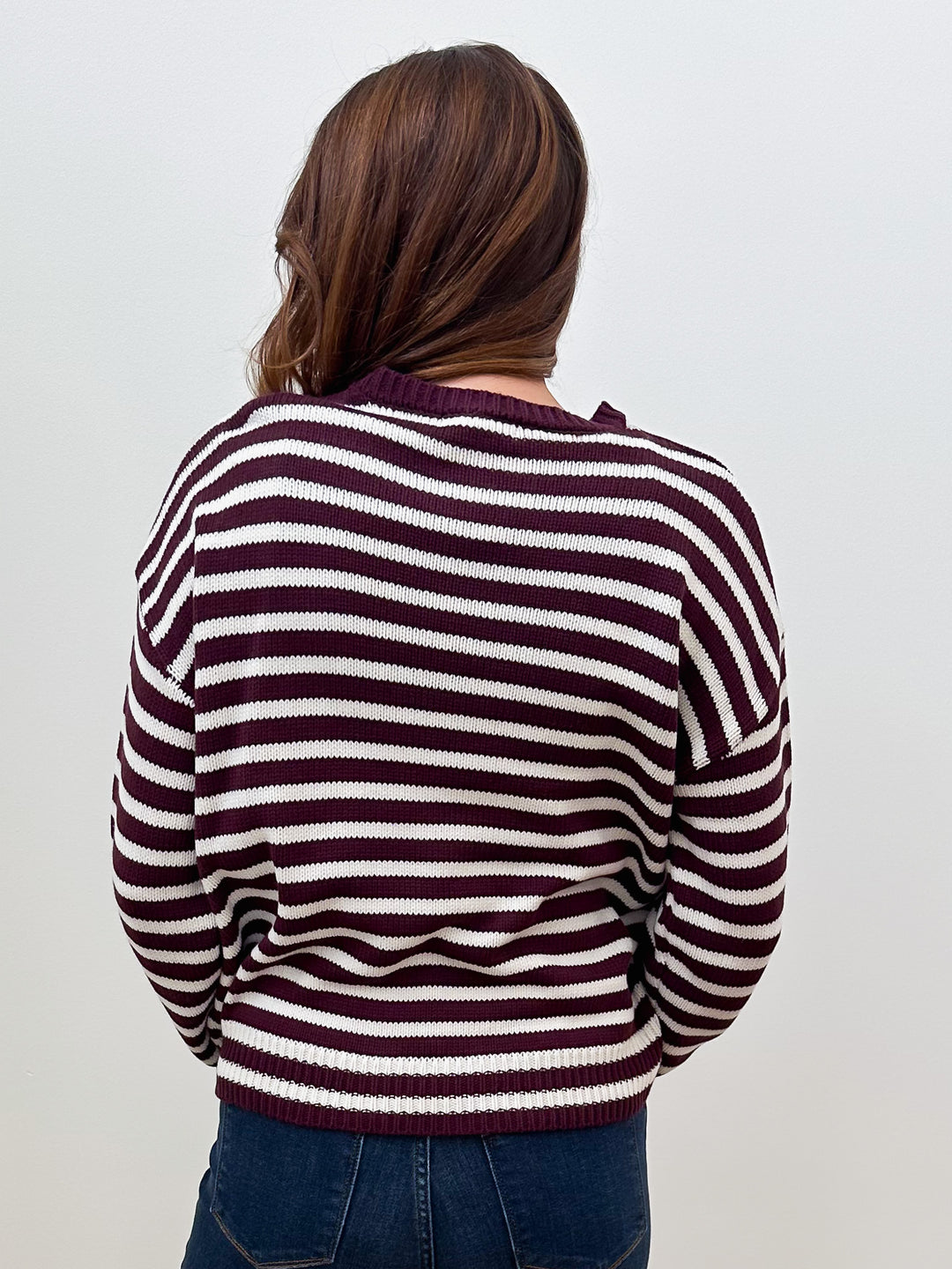 L/S STRIPED CREW NECK SWEATER - DARK CHERRY