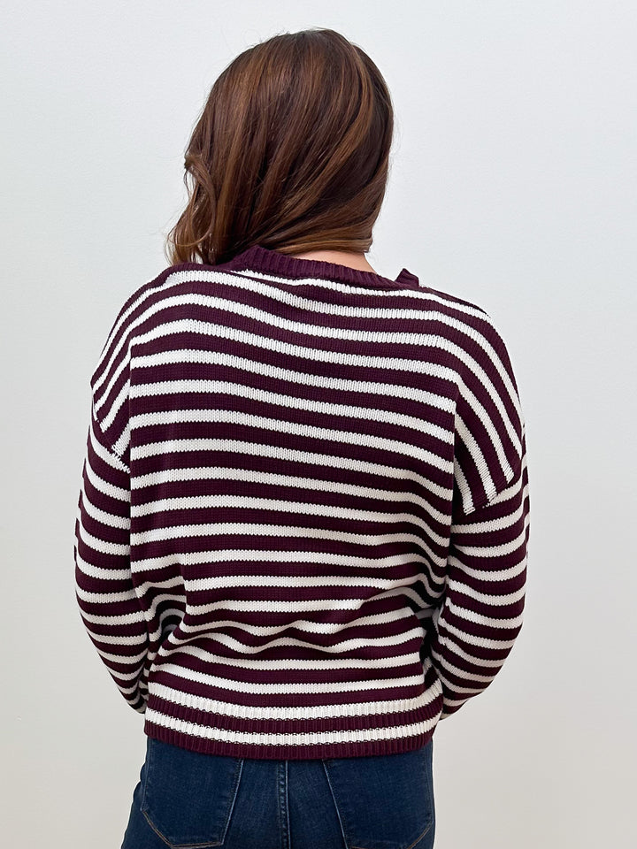 L/S STRIPED CREW NECK SWEATER - DARK CHERRY