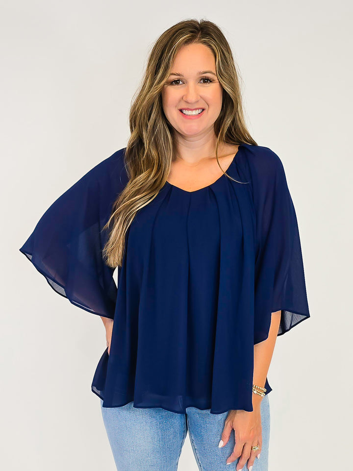 3/4 RUFFLE SLEEVE PLEATED BOXY TOP - NAVY