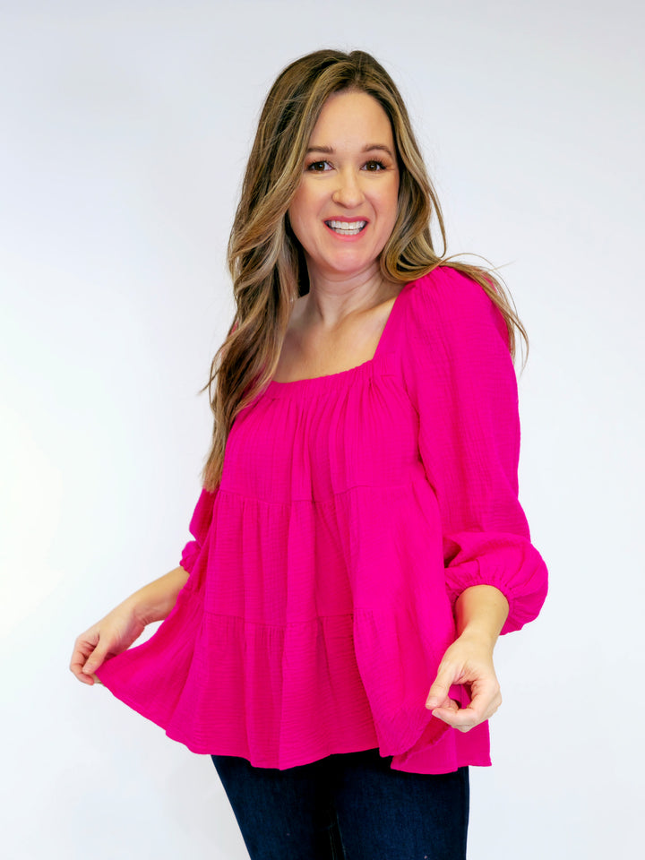 3/4 SLEEVE TIERED GAUZE TOP - FUCHSIA