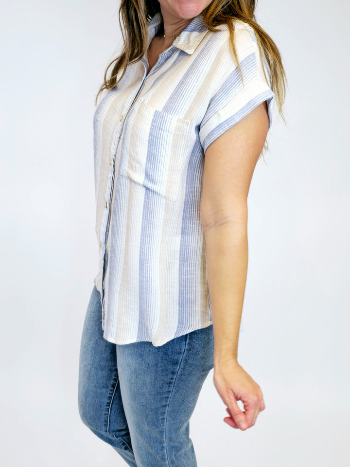 COLLARED STRIPED LINEN BUTTON UP TOP - DENIM