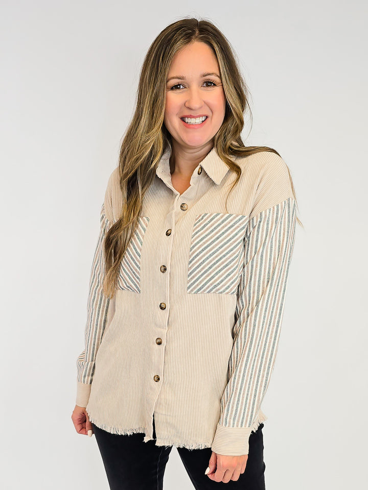 LONG SLEEVE COLOR BLOCK CORDUROY SHACKET - BEIGE