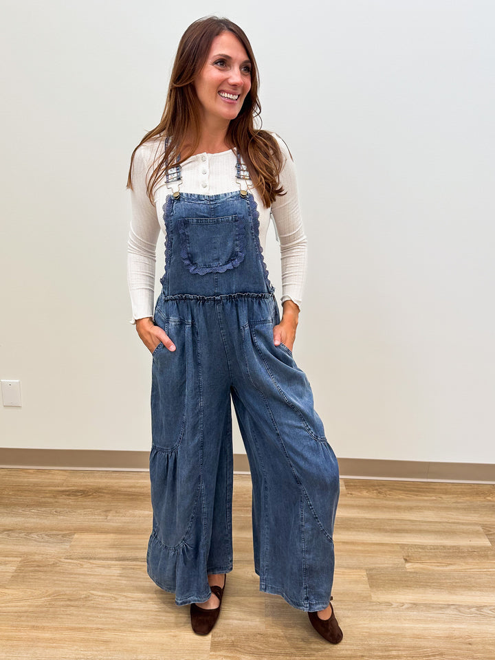 WASHED CHAMBRAY WIDE LEG OVERALLS - DENIM