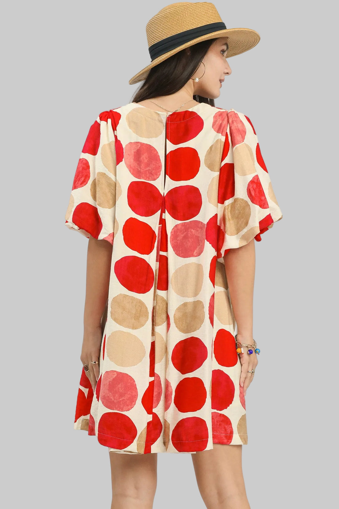 BUBBLE SLEEVE CIRCLE PRINT CONTRAST SHORT DRESS - RED MIX