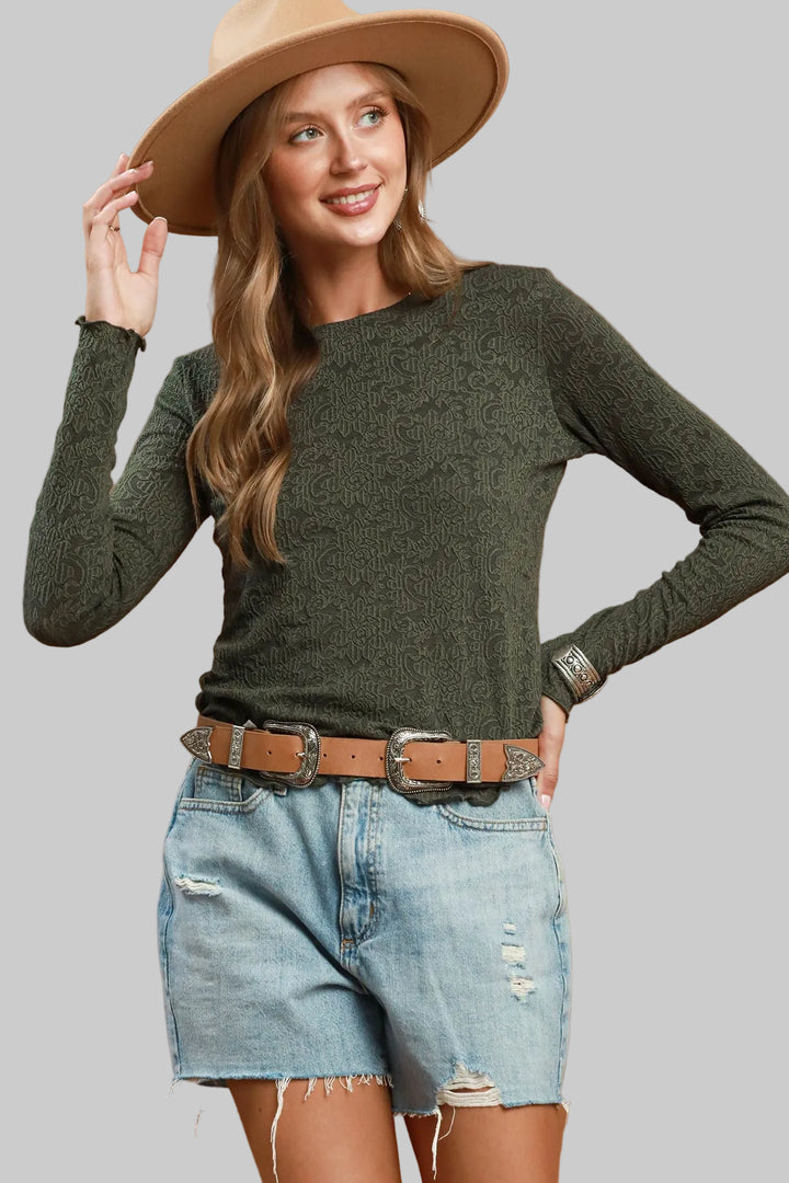 LONG SLEEVE TEXTURED FLORAL KNIT LETTUCE HEM TOP - OLIVE