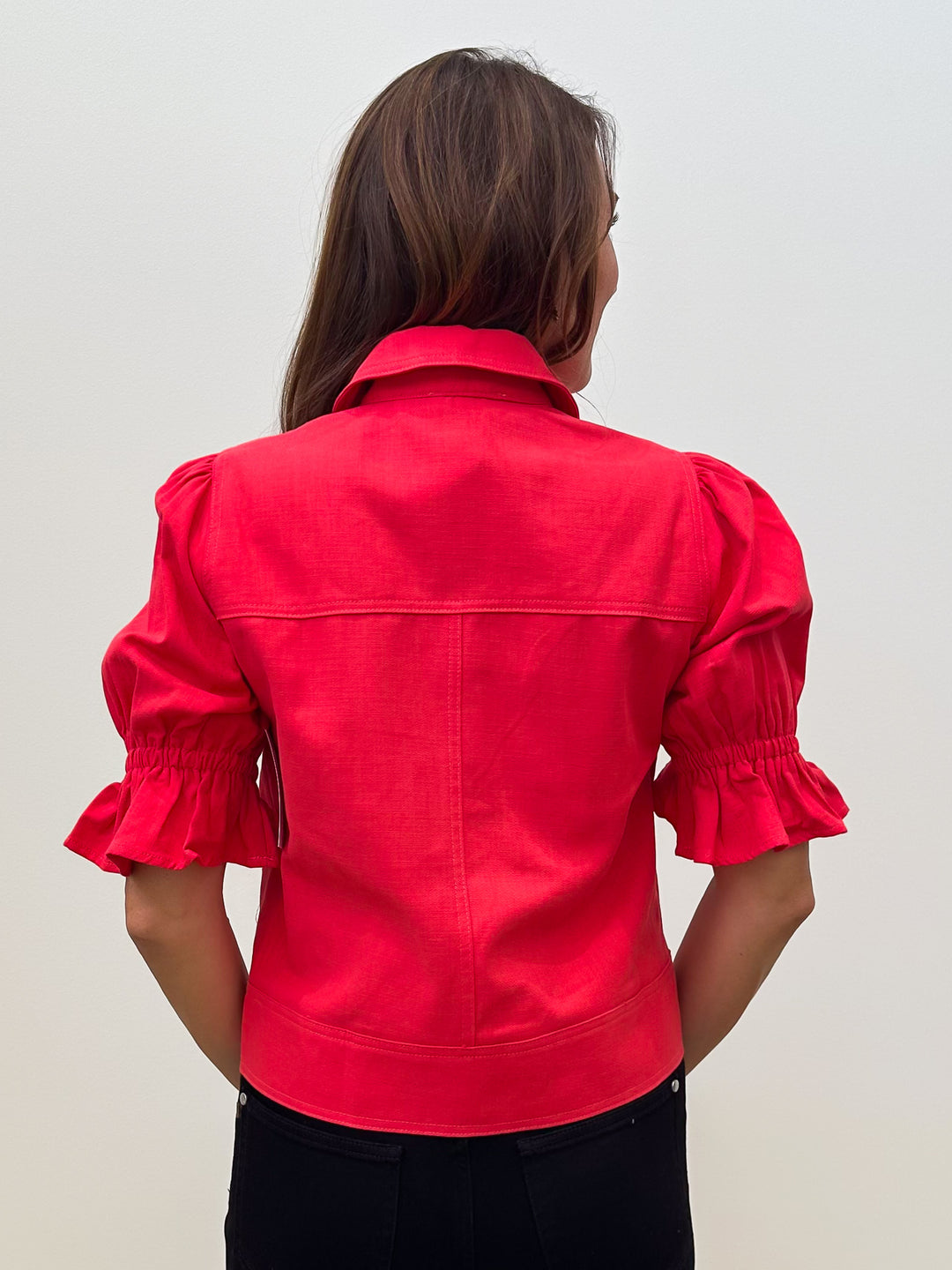 SELINE PUFF SLEEVE COLLARED ZIPPER FRONT JACKET - RED