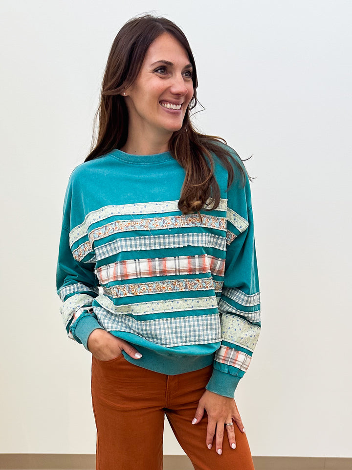 LONG SLEEVE MIXED PATCH TERRY PULLOVER - TEAL BLUE