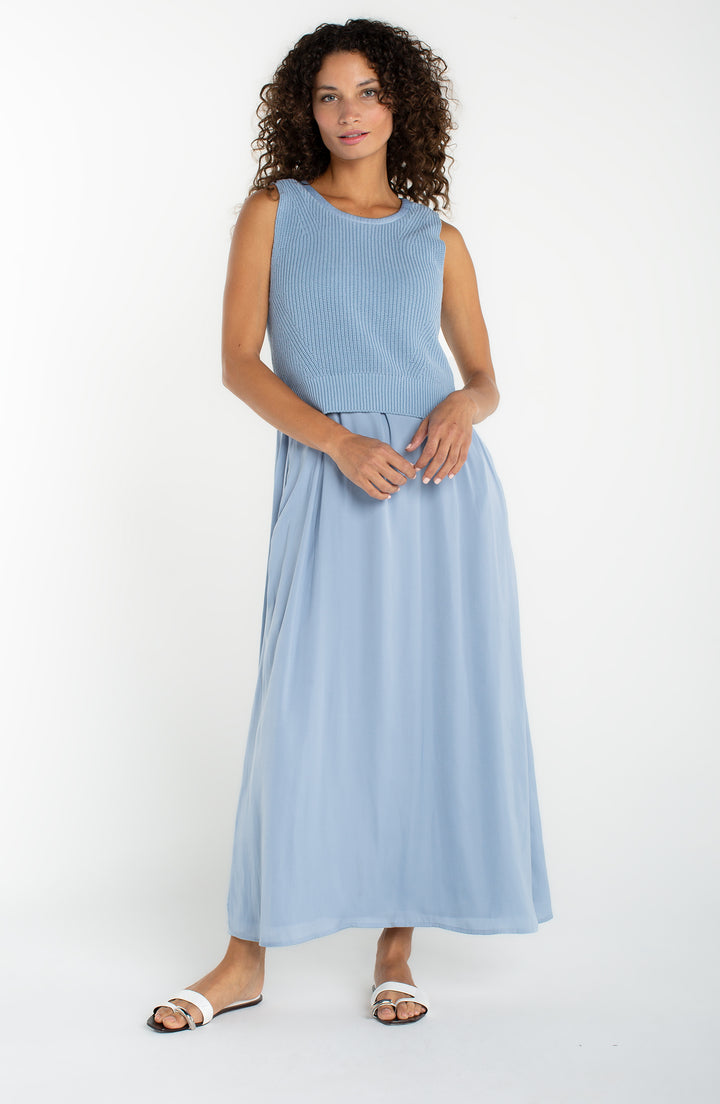 SLEEVELESS CREW NECK TIE BACK SWEATER WOVEN DRESS - MALIBU BLUE