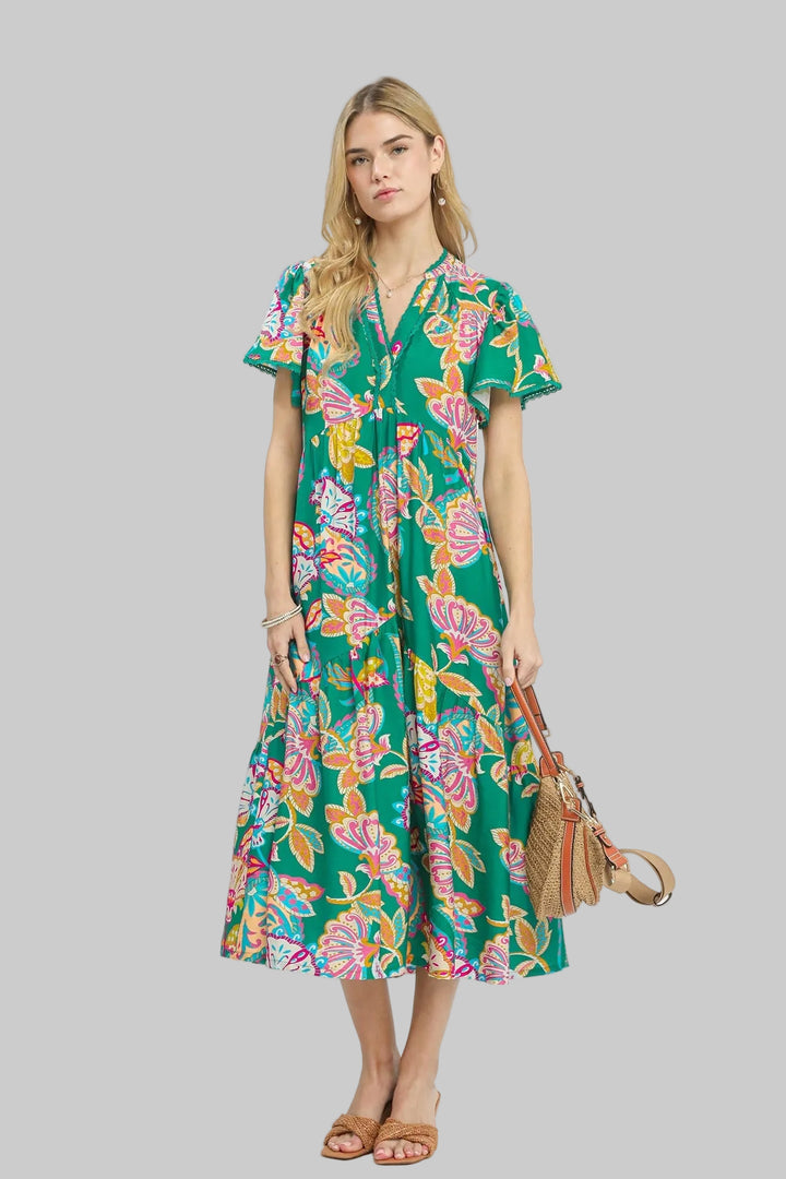 FLUTTER SLEEVE MIX BOHO FLORAL TIERED MIDI DRESS - EMERALD MIX