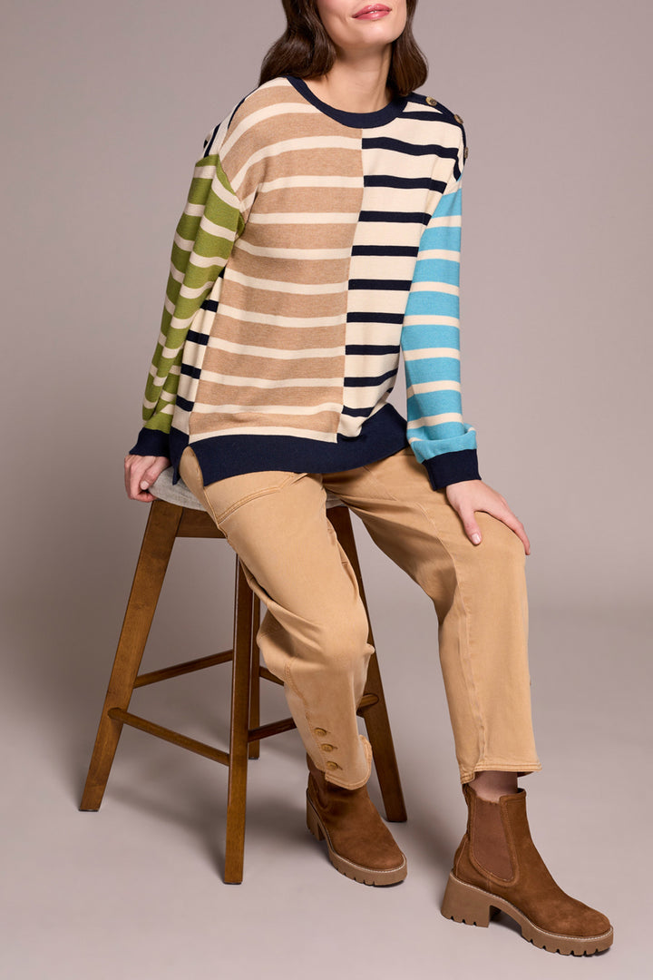 LONG SLEEVE CREW NECK SWEATER W/BUTTON DETAIL - ICE LATTE