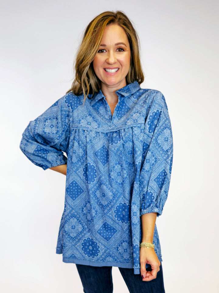 PAISLEY PRINT TUNIC BLOUSE - LT DENIM