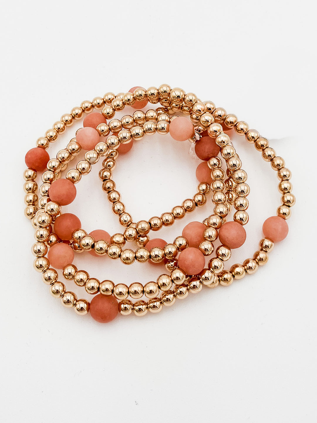 S/5 ROUND STONE STRETCH BRACELETS - GOLD/PINK