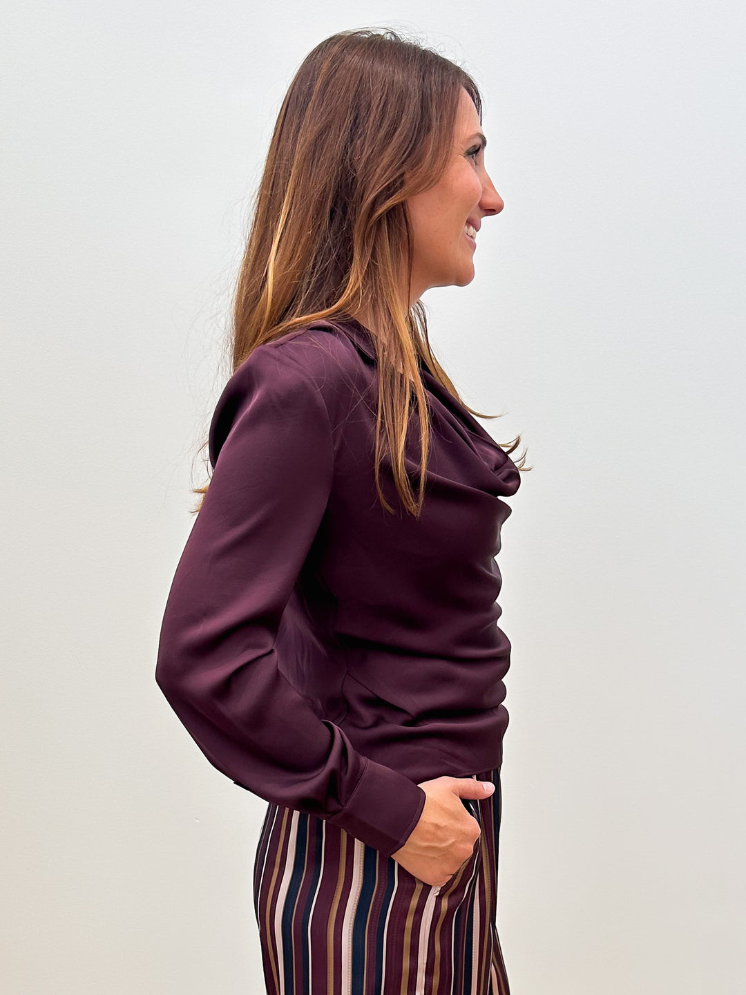 L/S DRAPED COLLAR BLOUSE - CHERRY LACQUER