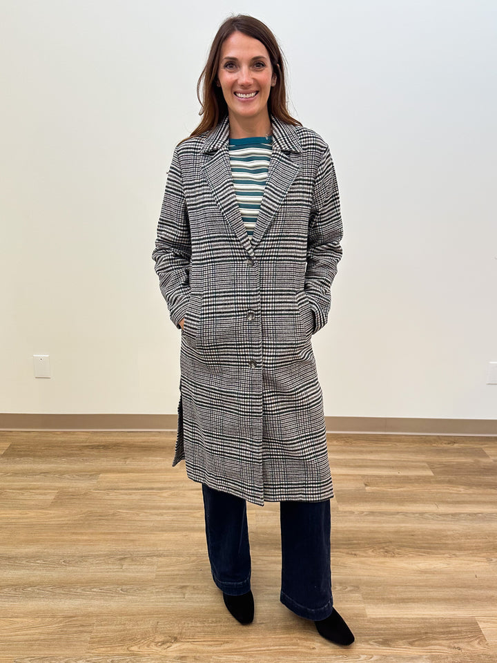 HOUNDSTOOTH PLAID LONG COAT - CHARCOAL GREEN