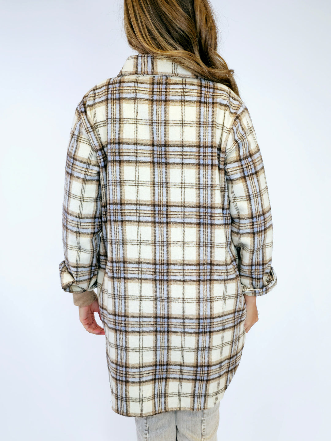 LONG SLEEVE DUSTER FLANNEL SHACKET  - CREAM