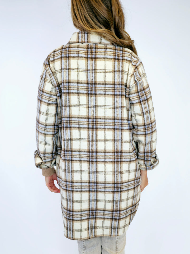 LONG SLEEVE DUSTER FLANNEL SHACKET  - CREAM