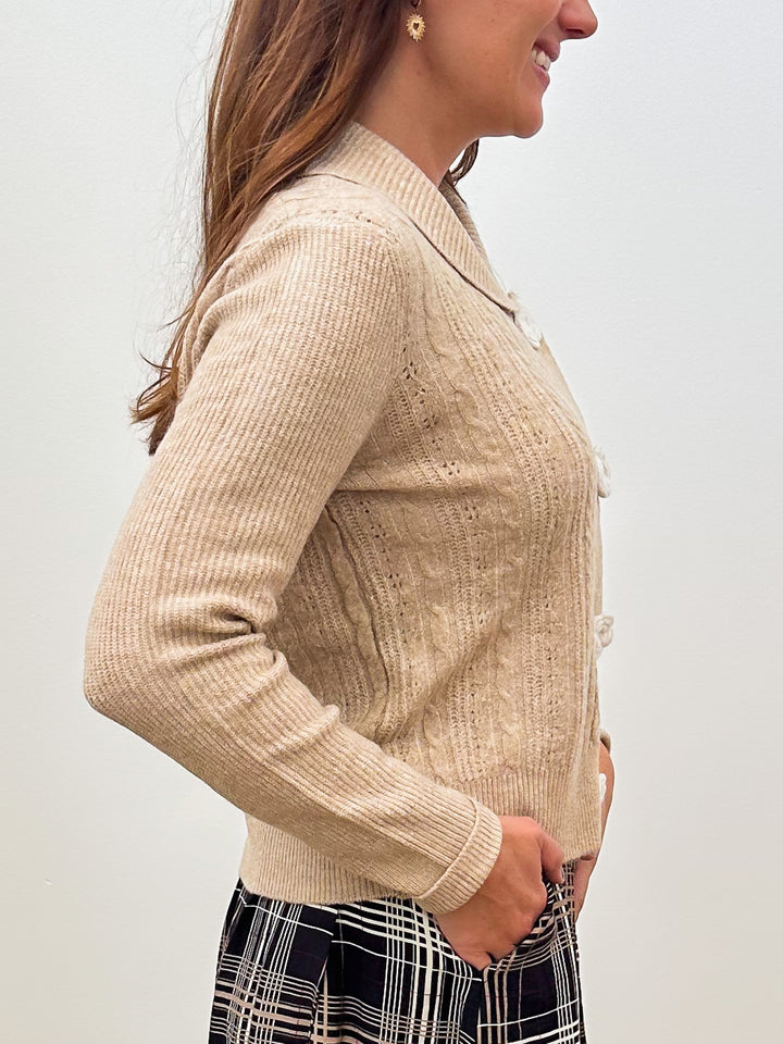 COLLARED FLOWER BUTTON KNIT CARDIGAN - CAMEL