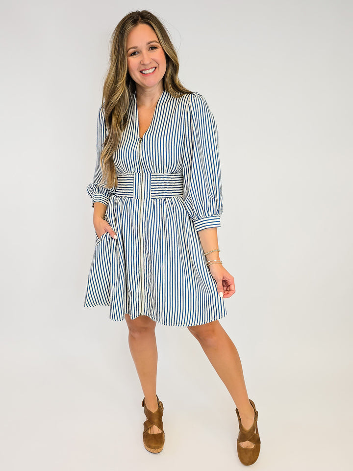 CINCH WAIST SHORT ZIPPER DRESS - INDIGO STRIPE
