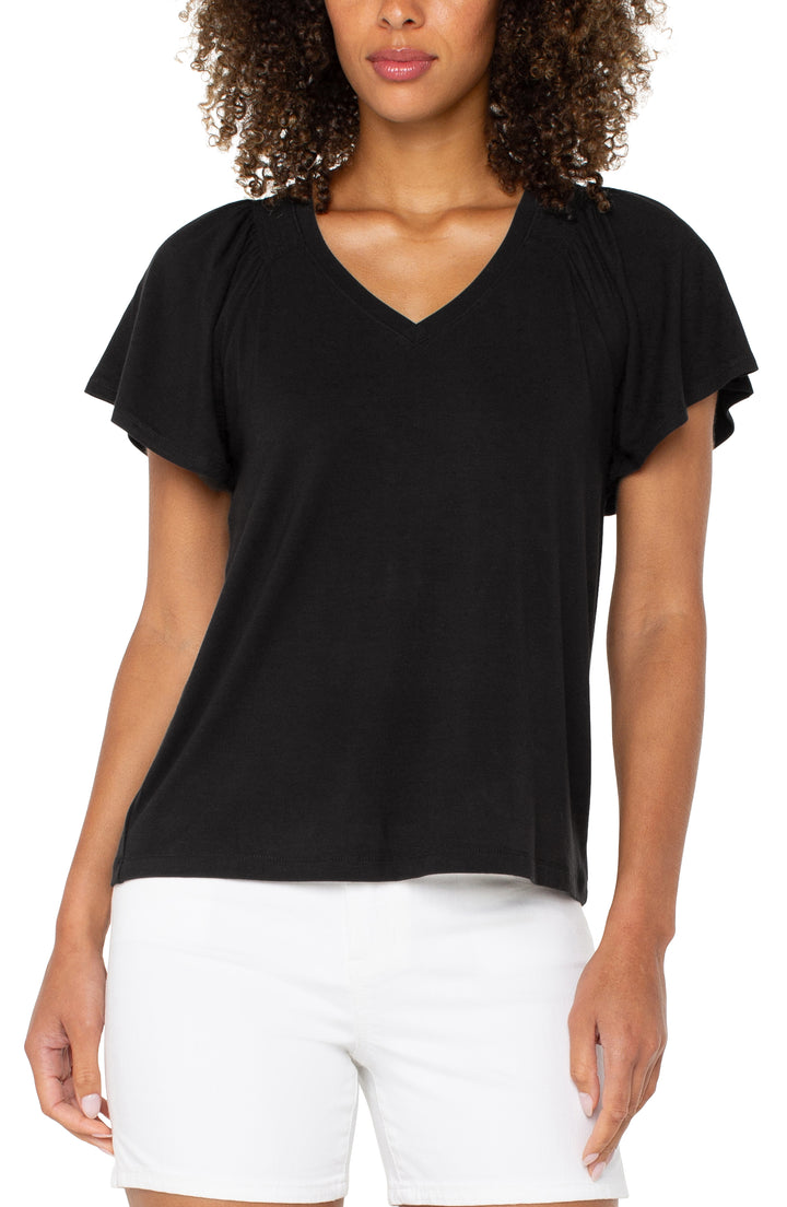 SHORT FLUTTER SLEEVE V-NECK KNIT TOP - BLACK