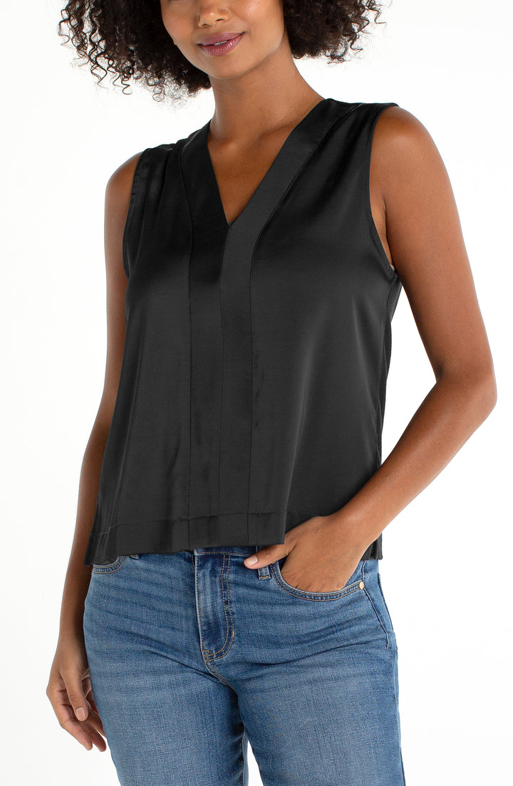 SLEEVELESS V-NECK WOVEN-TO-KNIT TOP - BLACK