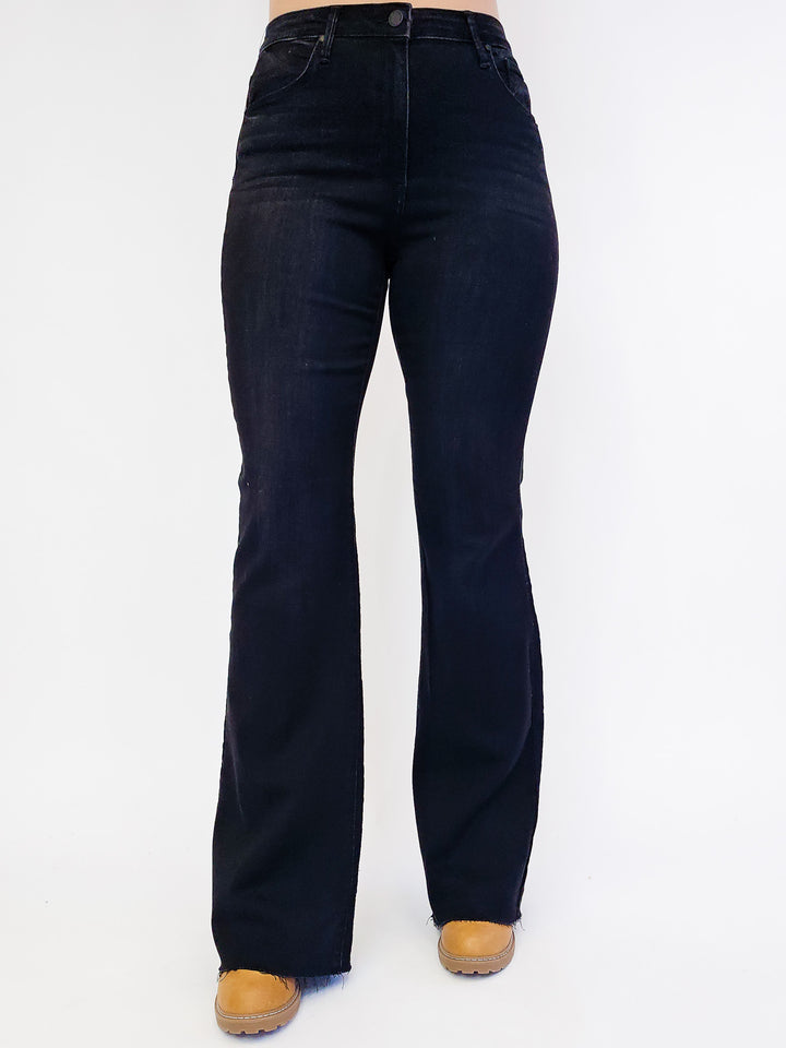 JBD HIGH RISE SCISSOR CUT FLARE JEANS - WASHED BLACK - 32" INSEAM