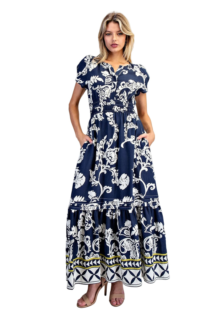 PRINTED ELASTIC WAIST MAXI DRESS - SAPPHIRE VEIL