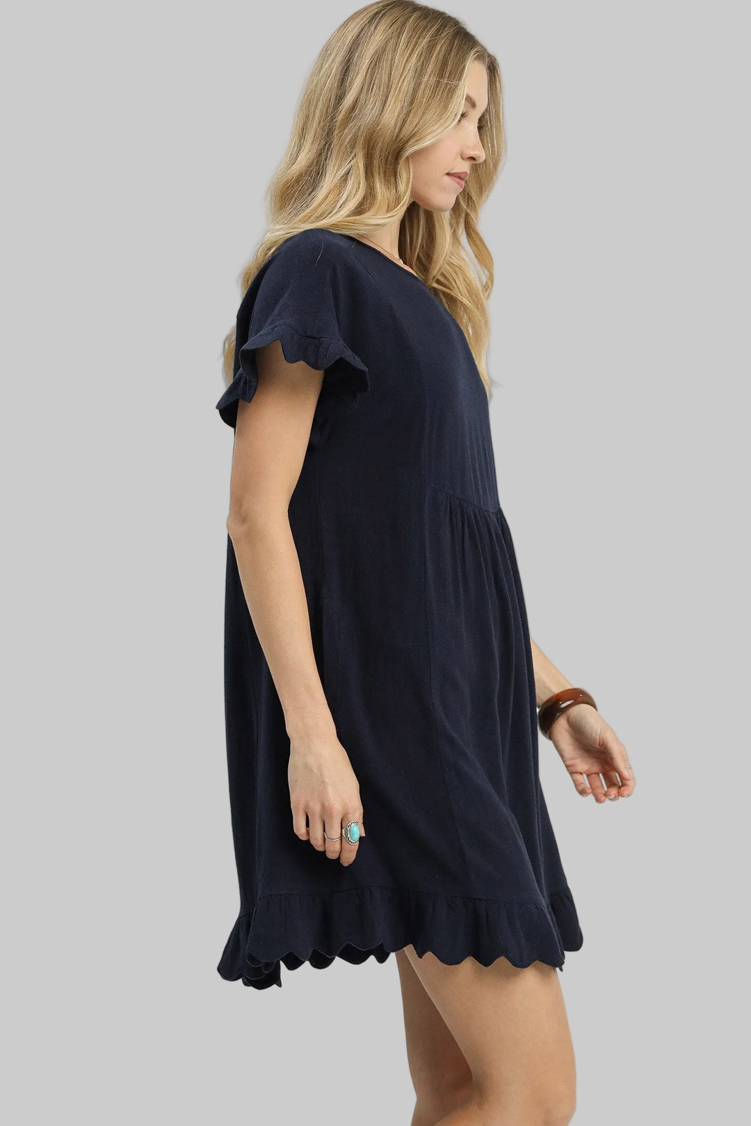 LINEN BLEND POCKET DRESS W/SCALLOPED EDGE - MIDNIGHT