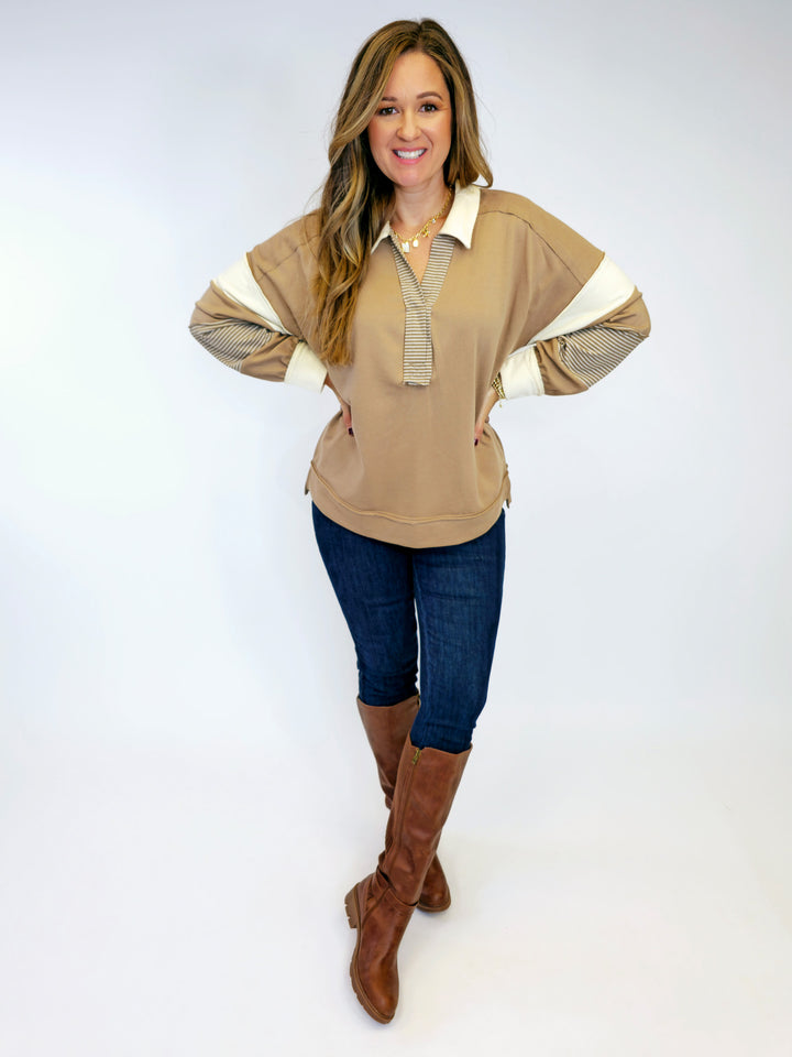 FRENCH TERRY LONG SLEEVE TOP - MOCHA