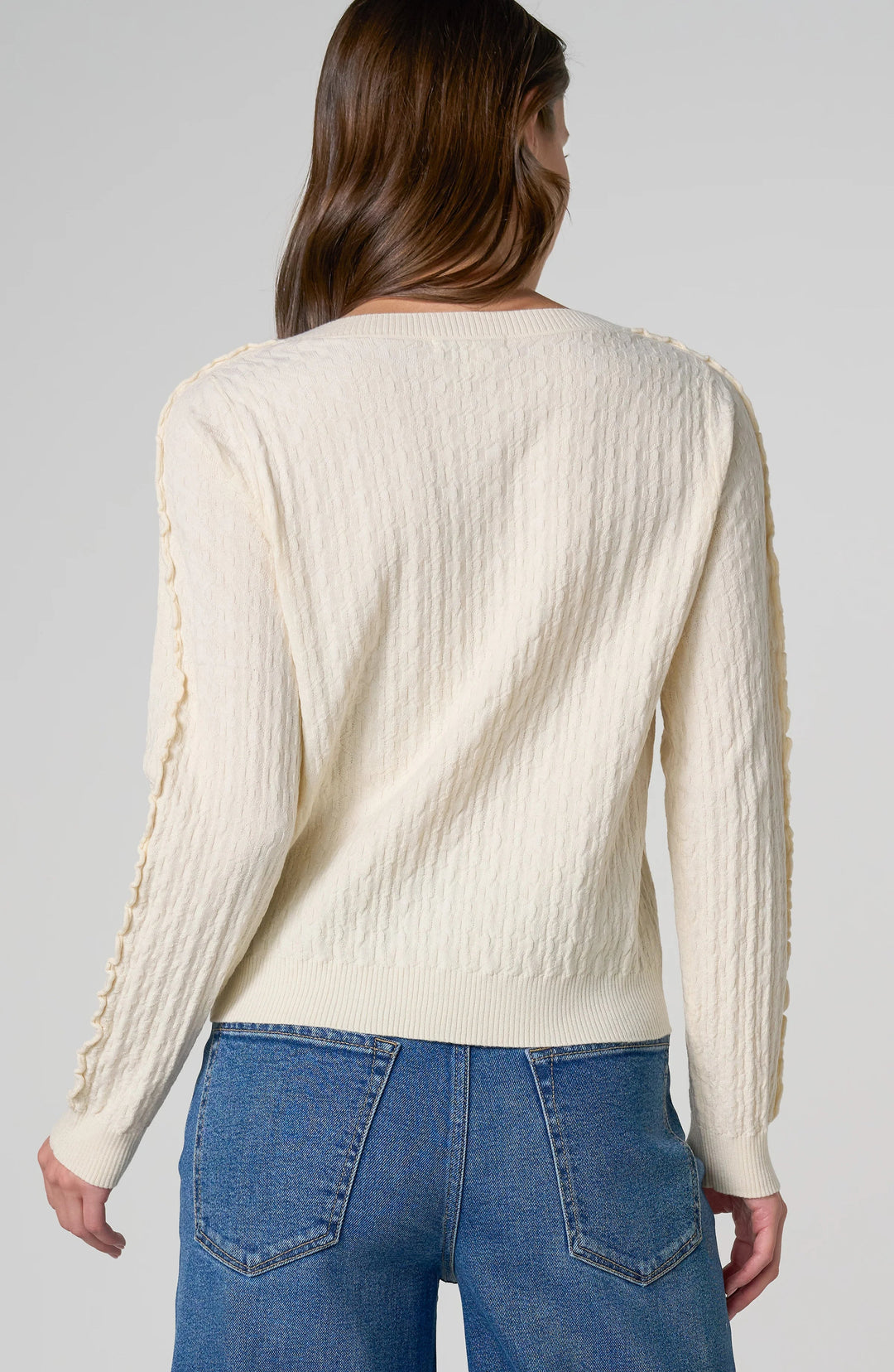 PETITE L/S BUTTON FRONT CARDIGAN W/RUFFLES - CREAM