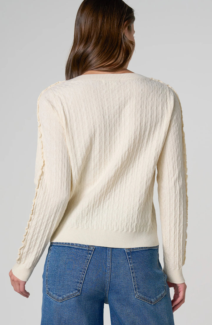 PETITE L/S BUTTON FRONT CARDIGAN W/RUFFLES - CREAM