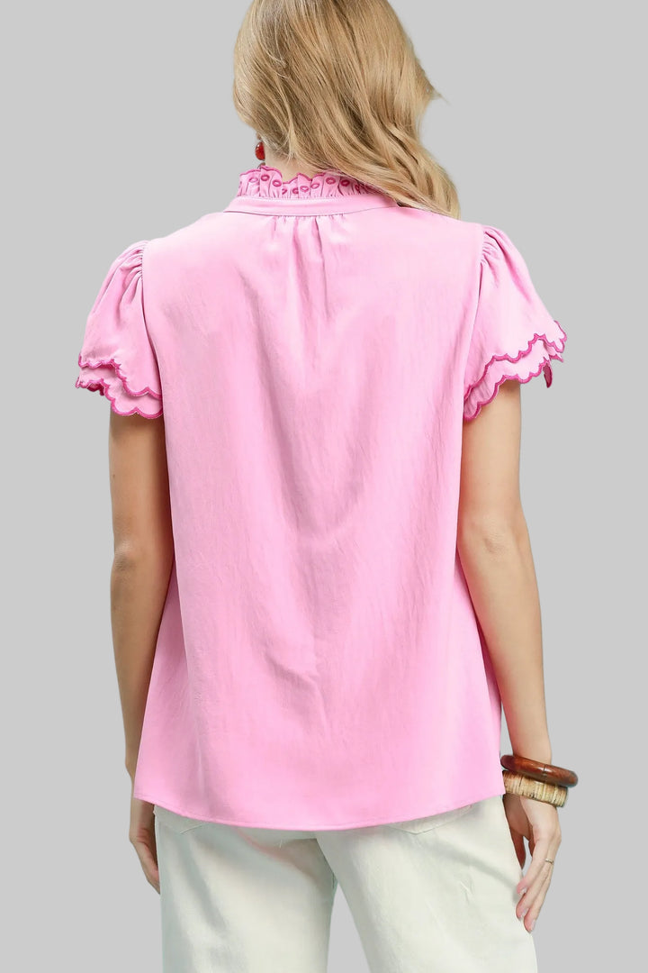 BUBBLE FLUTTER SLEEVE SCALLOPED FRILLED DETAIL NECK TOP - PEONY