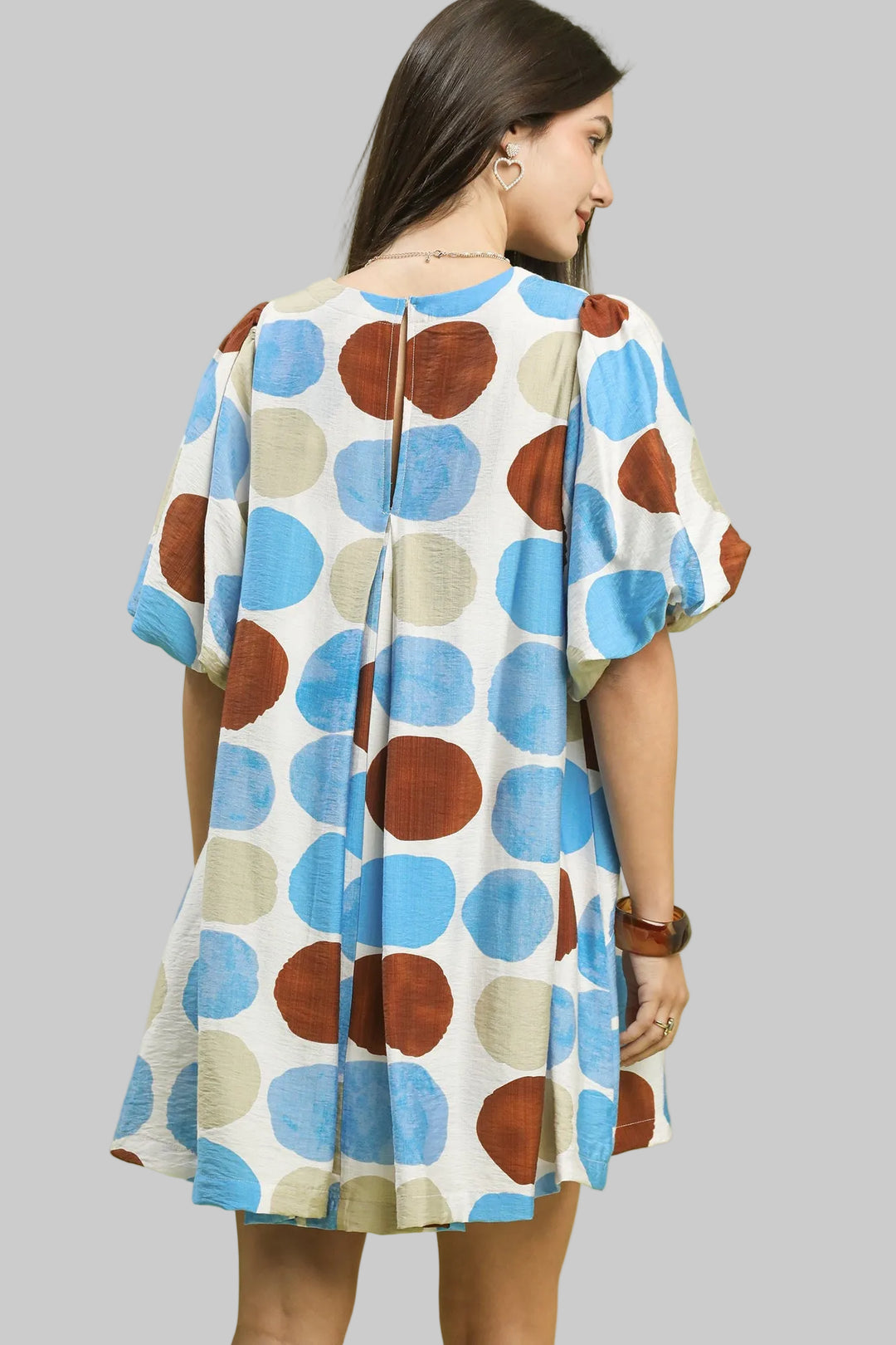 BUBBLE SLEEVE CIRCLE PRINT CONTRAST SHORT DRESS - AQUA MIX