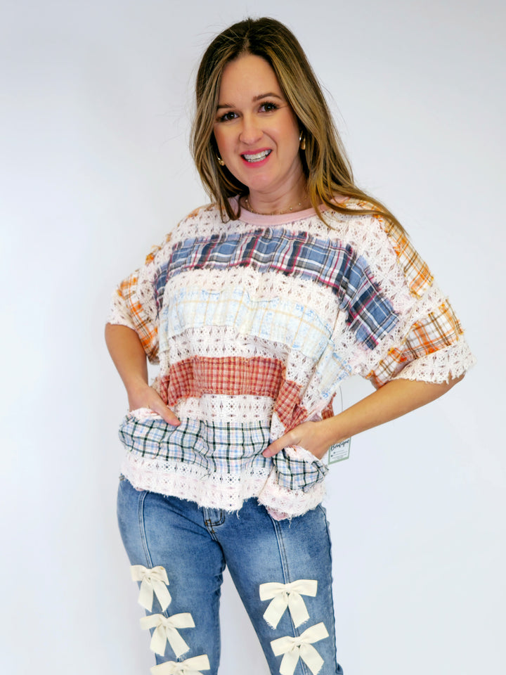 WASHED LACE AND PLAID MIX TOP - BLUSH