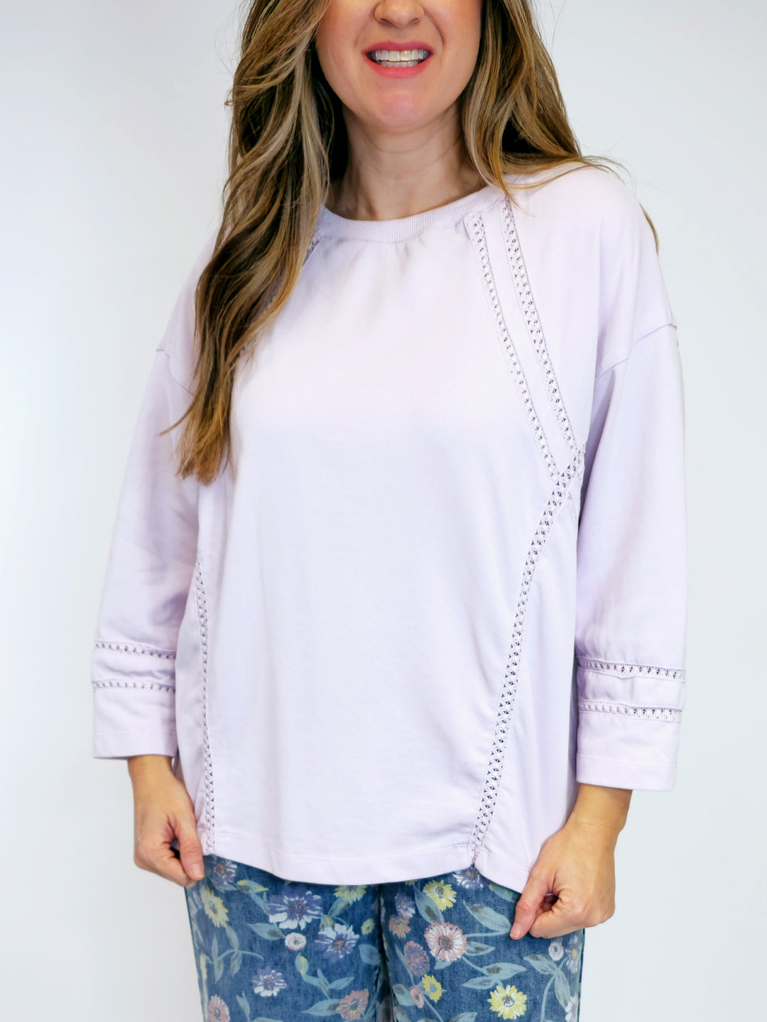 SOFT WASHED CROCHET LACE TERRY KNIT PULLOVER - LILAC MIST