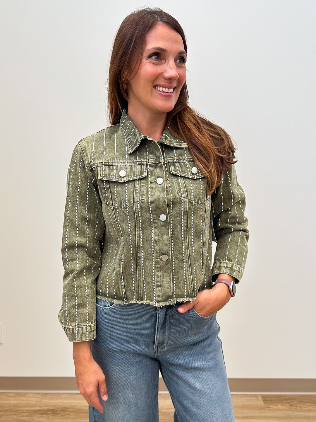 DENIM JACKET W/RHINESTONE DETAIL - OLIVE