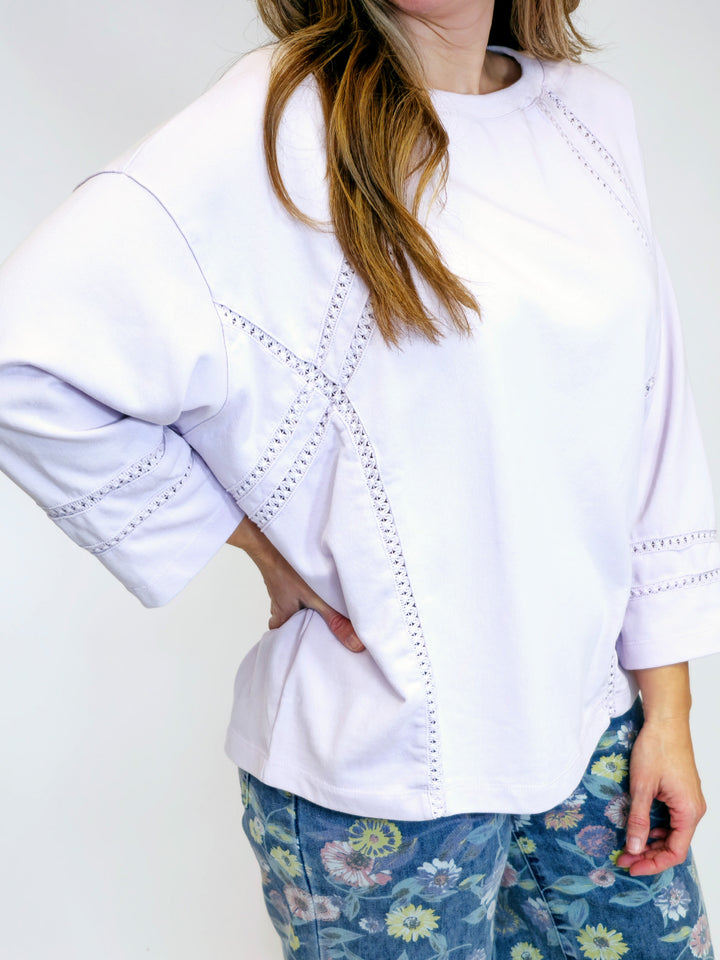 SOFT WASHED CROCHET LACE TERRY KNIT PULLOVER - LILAC MIST