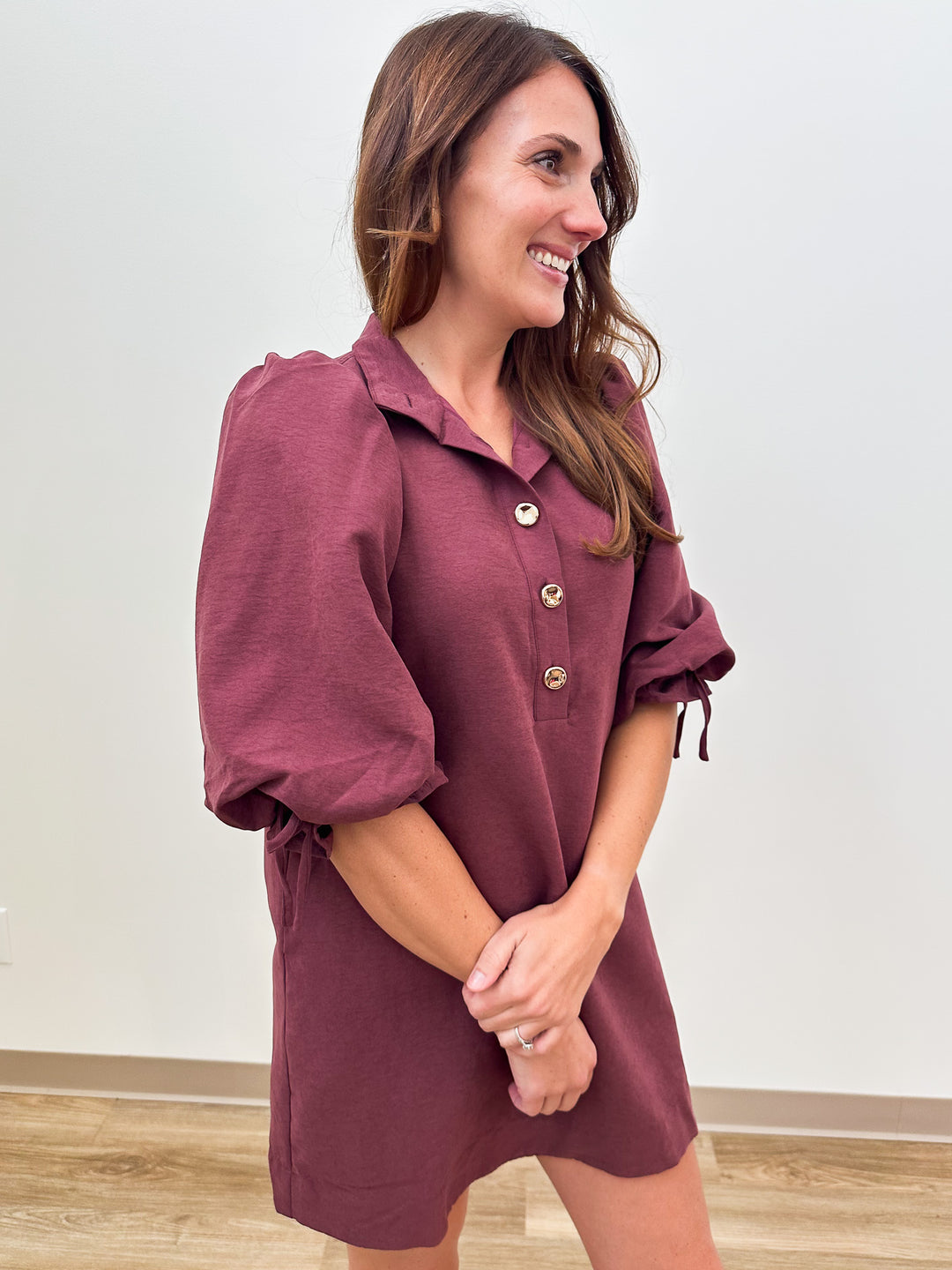 SOLID 3/4 BALLOON SLEEVE BUTTON DETAIL SHORT DRESS - MERLOT