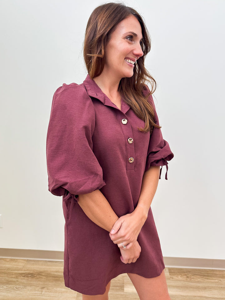 SOLID 3/4 BALLOON SLEEVE BUTTON DETAIL SHORT DRESS - MERLOT