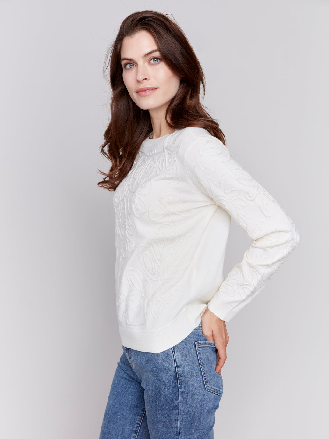 JACQUARD KNIT ROUND HEM SWEATER - ECRU