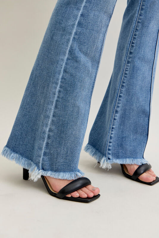 JUDY BLUE HW FRONT PINTUCK & FRAY HEM FLARE JEANS - MEDIUM WASH - 33" INSEAM