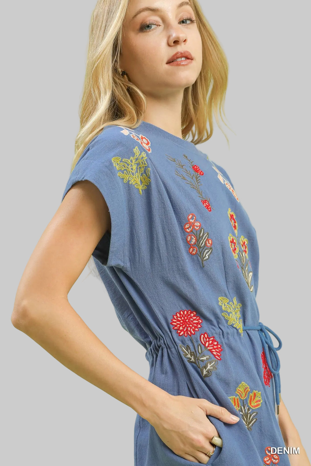 FLORAL EMBROIDERED DRAWSTRING WAIST SHORT DRESS - DENIM