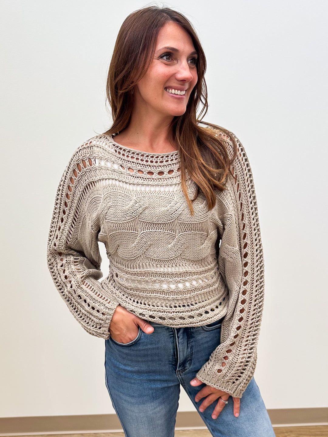 CROCHETED OPEN KNIT PULLOVER SWEATER - KHAKI