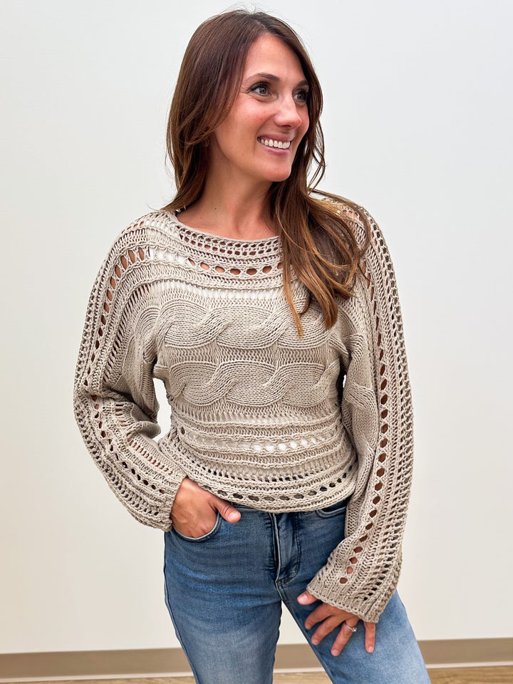 CROCHETED OPEN KNIT PULLOVER SWEATER - KHAKI