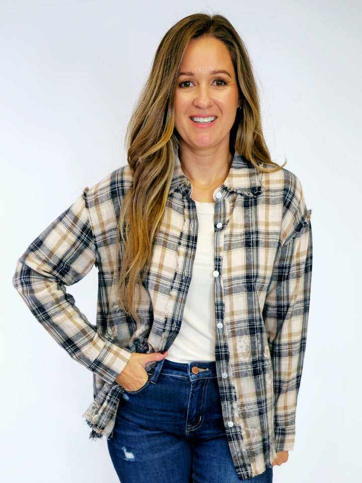 COLLARED PLAID BUTTON UP SHACKET - WASHED NAVY