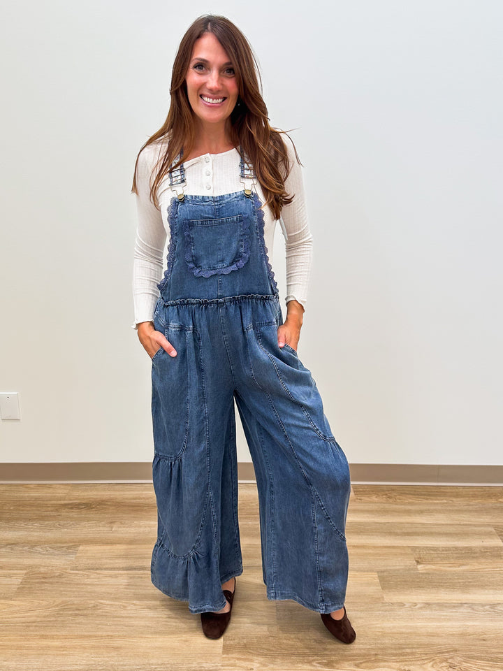 WASHED CHAMBRAY WIDE LEG OVERALLS - DENIM